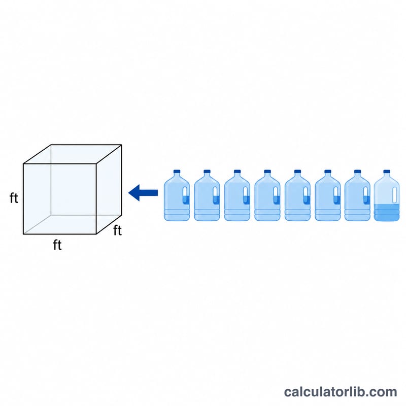 Comparison of about 7.48 gallon jugs filling one cubic foot cube