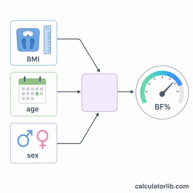 Sơ đồ công thức mỡ cơ thể Deurenberg cho thấy BMI, tuổi và giới tính kết hợp thành tỷ lệ mỡ cơ thể