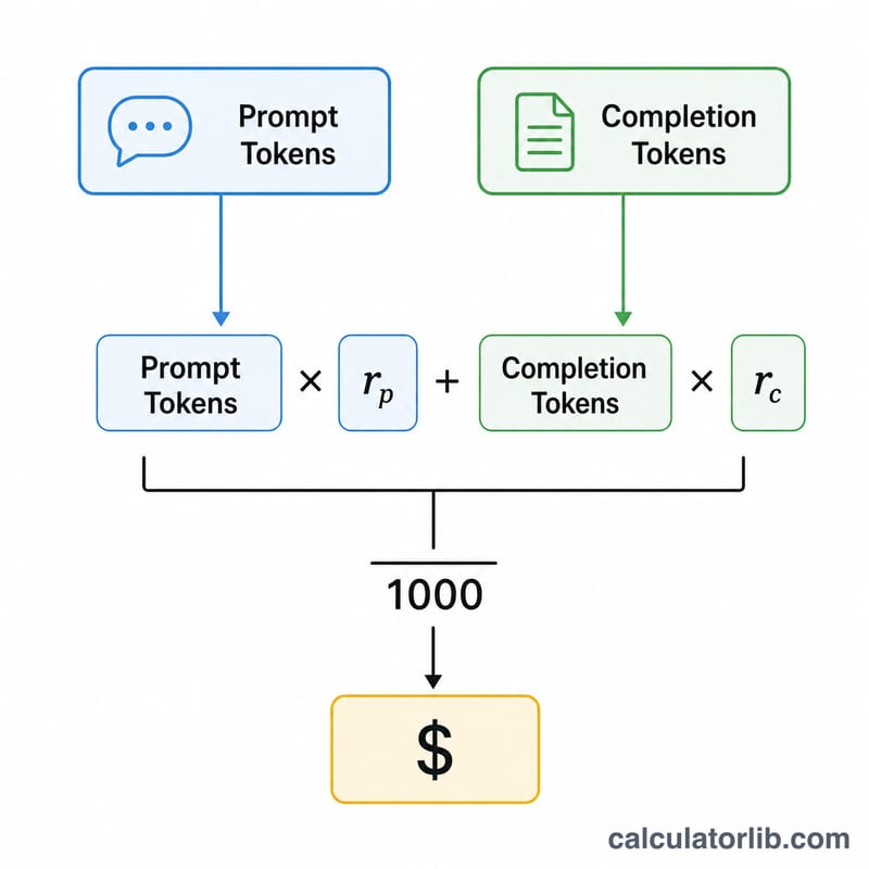 图示：输入和输出 token 分别乘以费率，求和后除以 1000 得出总成本