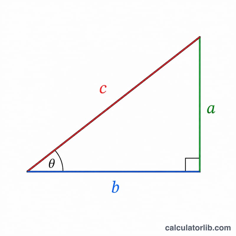 Right triangle showing sine, cosine and tangent as ratios of sides relative to angle theta