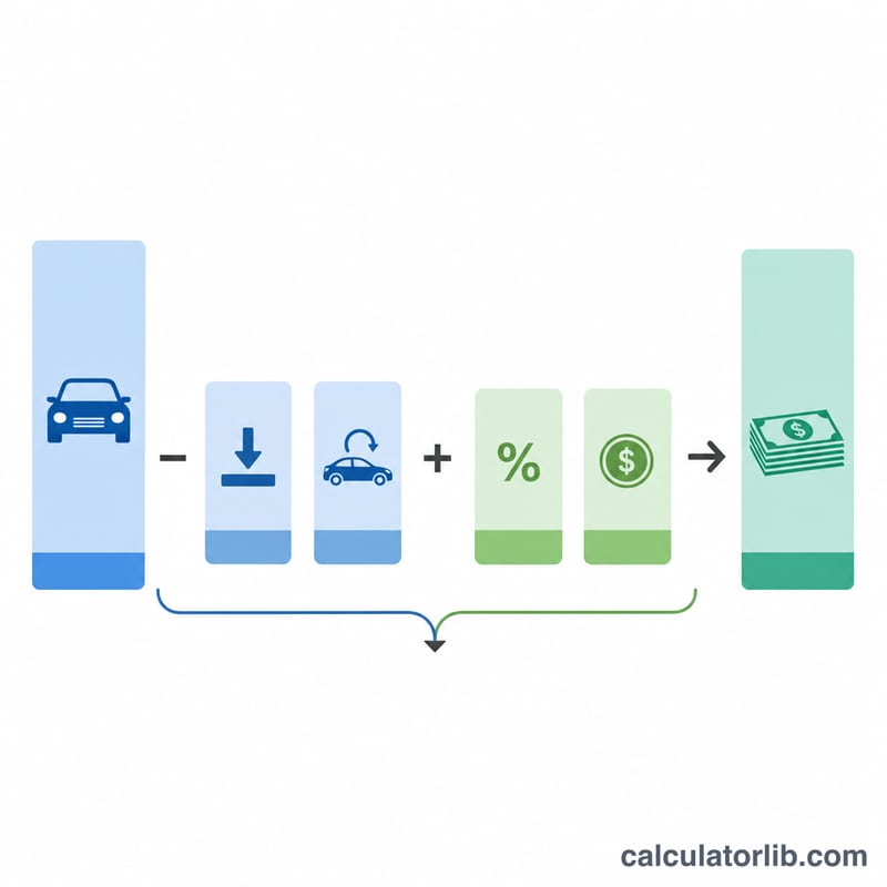 Flat diagram showing how vehicle price minus down payment and trade-in plus tax and fees equals the financed loan amount
