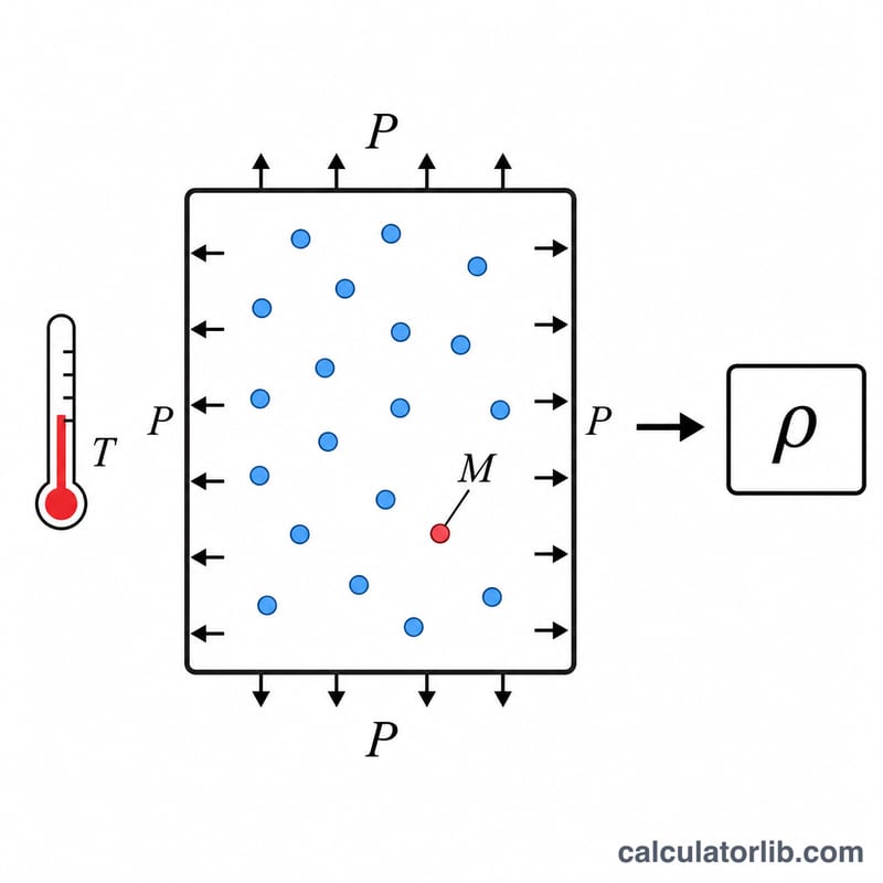 Diagram of gas molecules in a container with pressure, temperature, and molar mass labels feeding into a density formula