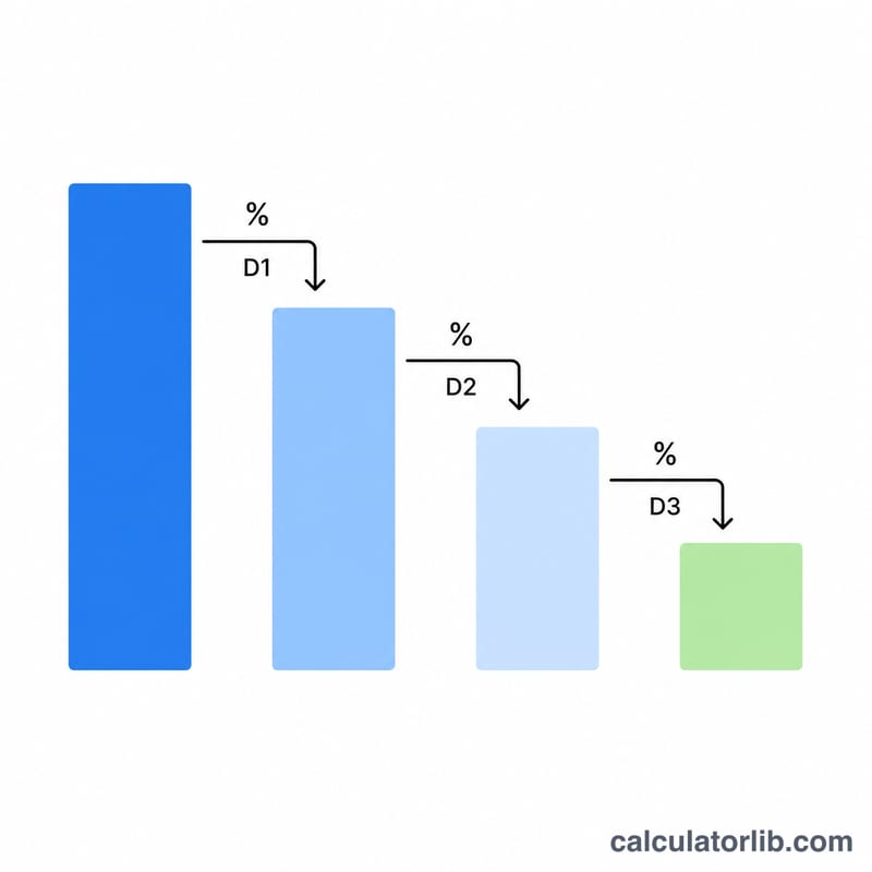 Flat diagram showing a price decreasing through three sequential discount stages