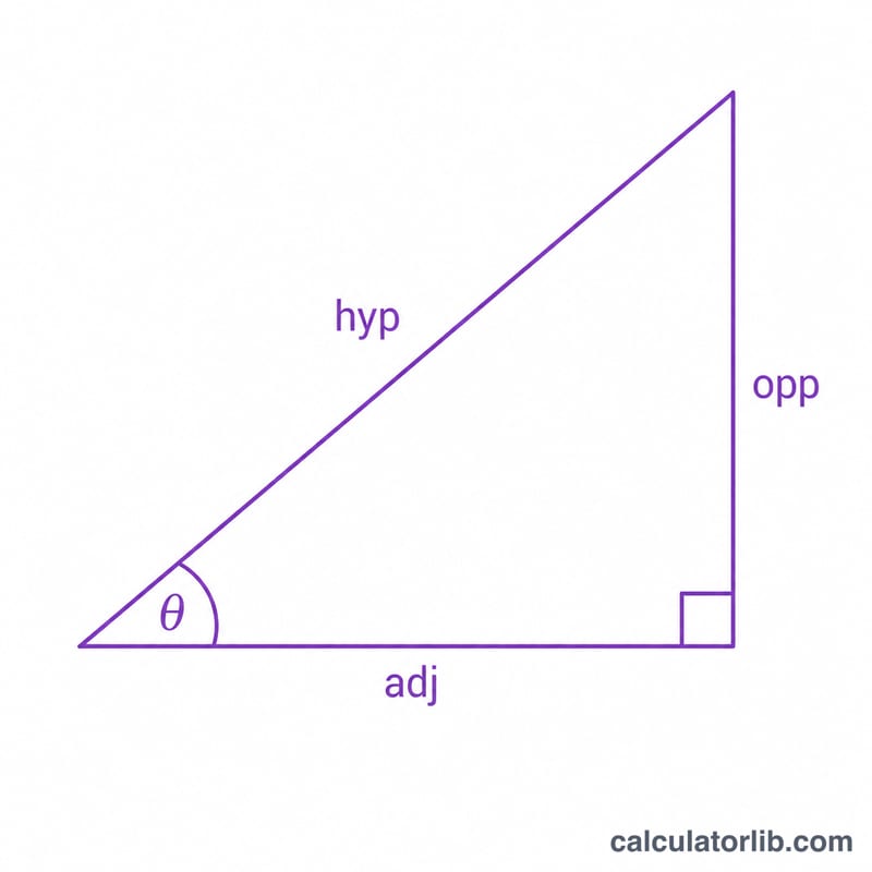 Right triangle with angle theta showing opposite, adjacent, and hypotenuse sides labeled