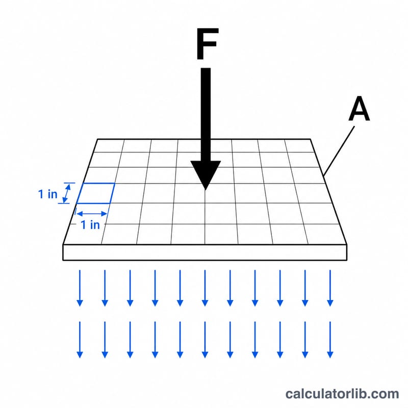 Diagram showing force pressing down on a square inch area producing pressure