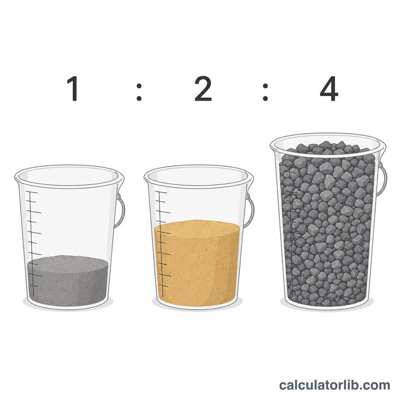 Three buckets showing concrete proportions of cement, sand and gravel in a 1:2:4 ratio