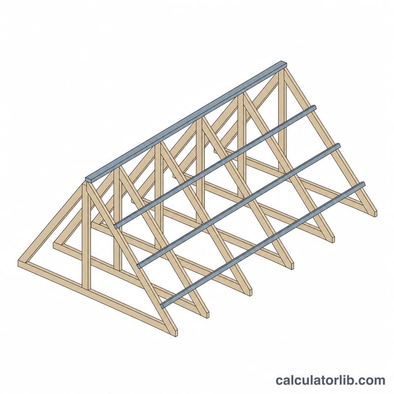 Pitched roof with a row of evenly spaced triangular trusses