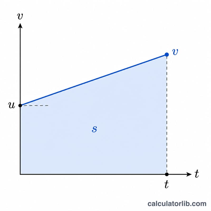 Velocity versus time graph showing a straight line rising from initial velocity u to final velocity v over time t, with the area beneath shaded.