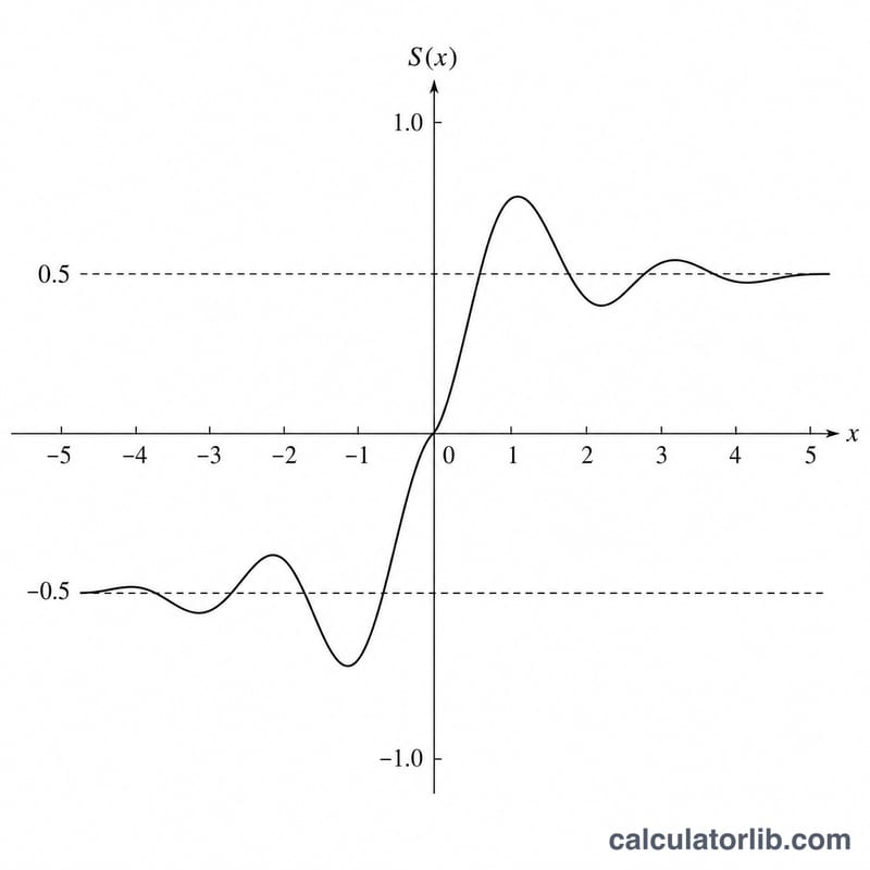 Gráfica de la integral seno de Fresnel S(x) oscilando y convergiendo a más o menos un medio