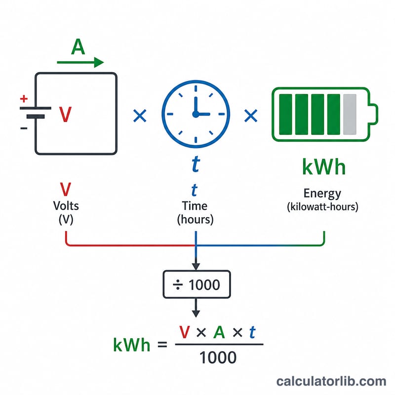 Diagram linking voltage, current and time to energy in kWh