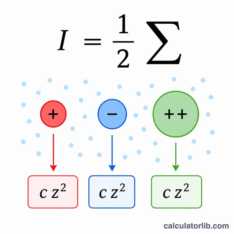 Diagram showing the ionic strength formula as a sum over ion species, each contributing concentration times charge squared.