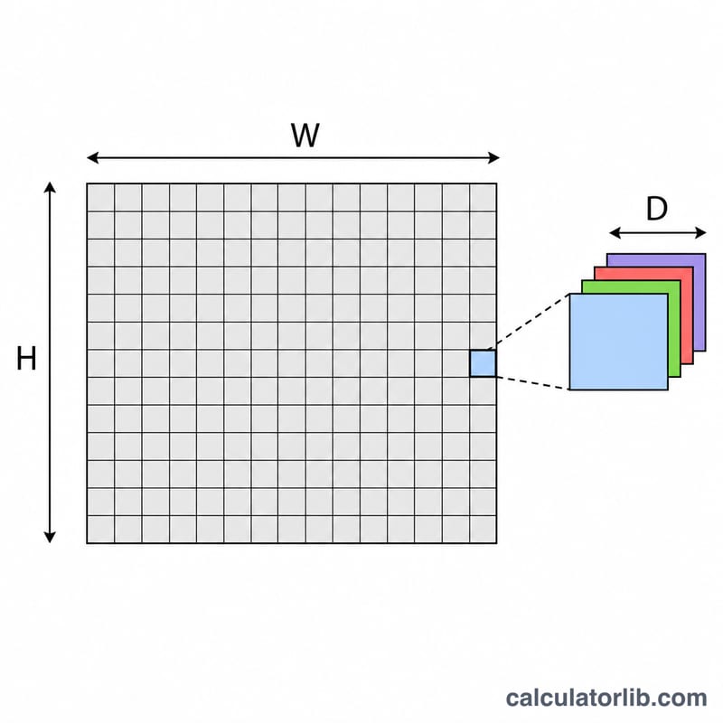 Diagram of an image grid made of pixels with width, height and per-pixel color depth labels