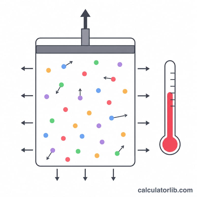 Diagrama de partículas de gas rebotando dentro de un recipiente cerrado que muestra presión, volumen y temperatura