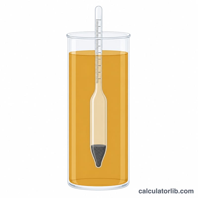 Hydrometer floating in a sample jar showing a gravity reading scale