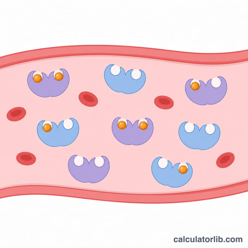 Flat diagram of transferrin protein molecules carrying iron atoms in the bloodstream, some binding sites filled and some empty