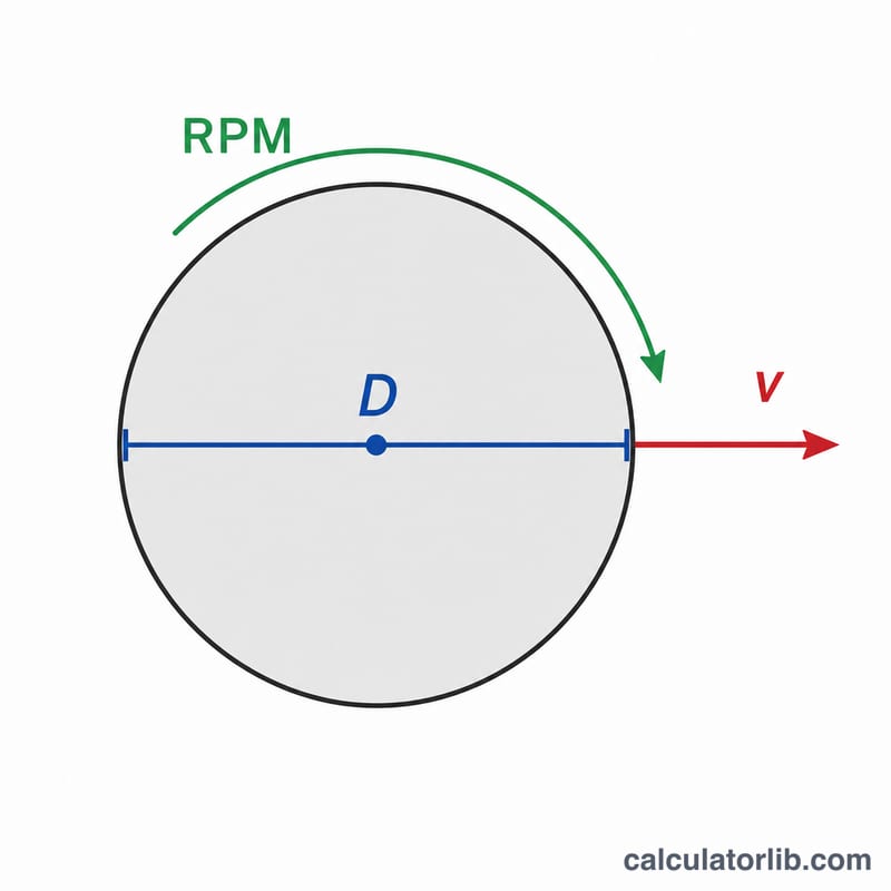 Rotating wheel showing diameter D, rotation direction, and linear surface speed v at the rim