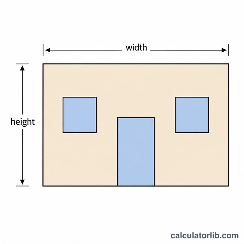 Diagram of a house wall showing total width and height with door and window openings subtracted