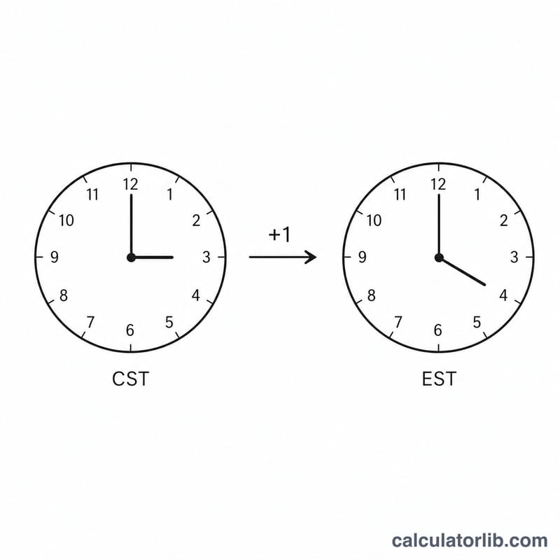 Two clock faces showing Central Time one hour behind Eastern Time