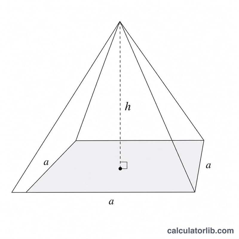 Square pyramid with base edge a, height h shown as a dashed vertical line from apex to base center