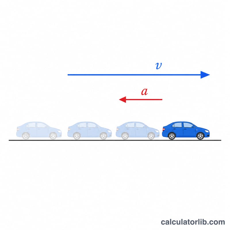 Car slowing down with velocity vector shrinking and acceleration vector pointing backward