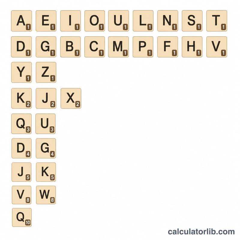 Grid of Scrabble letter tiles grouped by point value