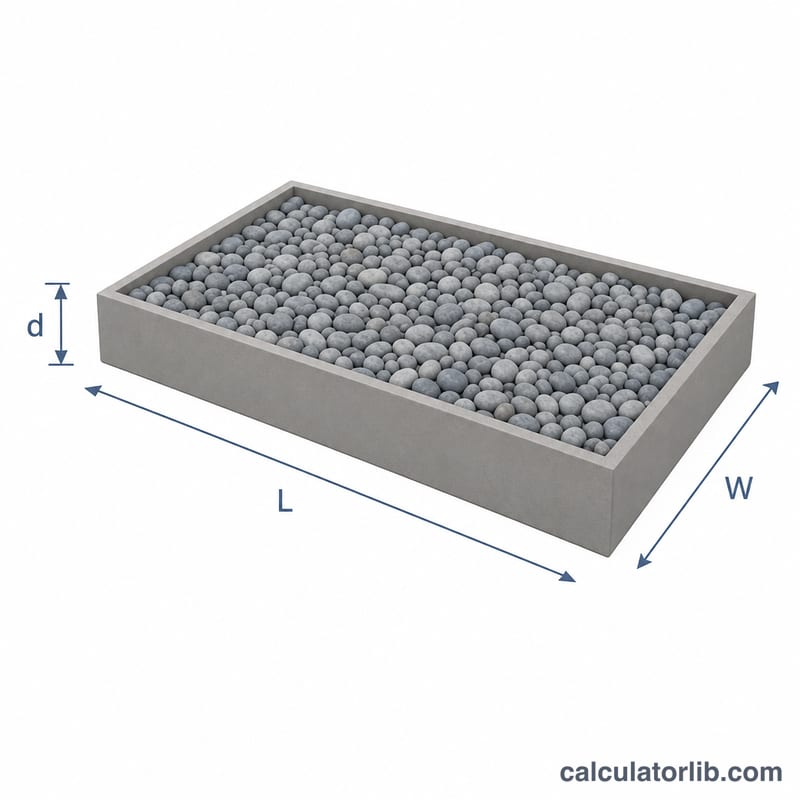 Rectangular landscaping bed showing length, width and depth filled with river rock