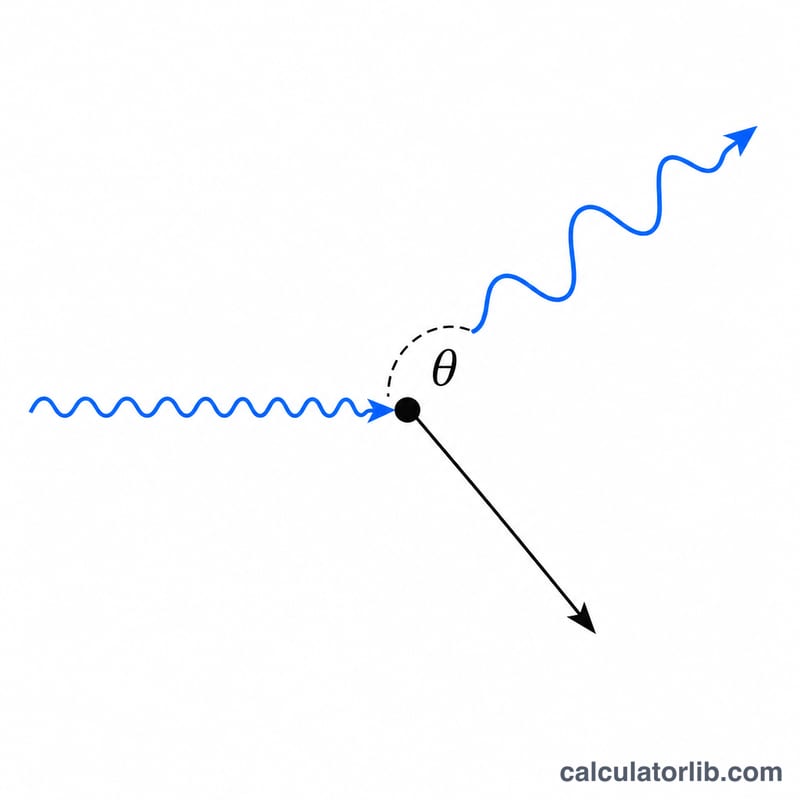 Diagram showing a photon scattering off a free electron with incoming and outgoing photon wavelengths and a recoiling electron