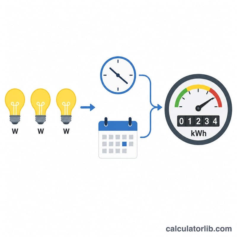 Flat diagram showing bulbs, wattage, hours and days combining into a kWh meter