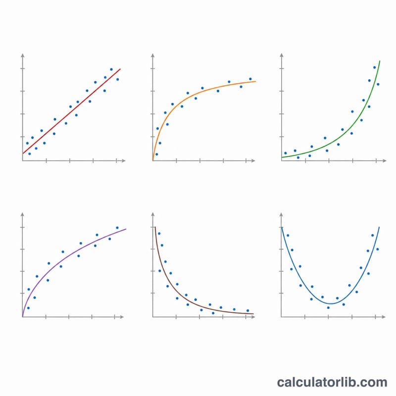 Six small scatter plots showing different fitted curve shapes on the same axes