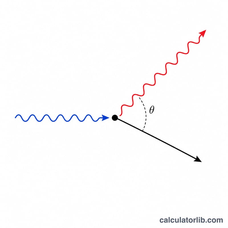 Diagram of a photon scattering off a stationary electron, showing incoming photon, scattered photon at angle theta, and recoiling electron