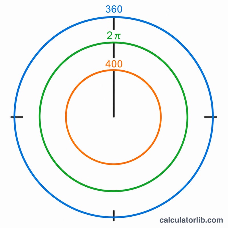 Cercle montrant un tour complet mesuré en 360 degrés, 2 pi radians et 400 grades