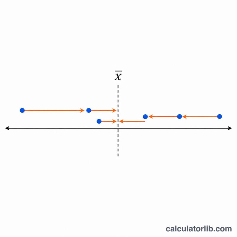 Data points scattered around a mean line with deviation arrows