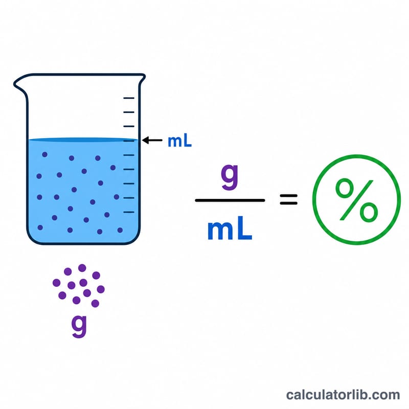 Beaker of solution showing solute mass divided by solution volume gives w/v percent