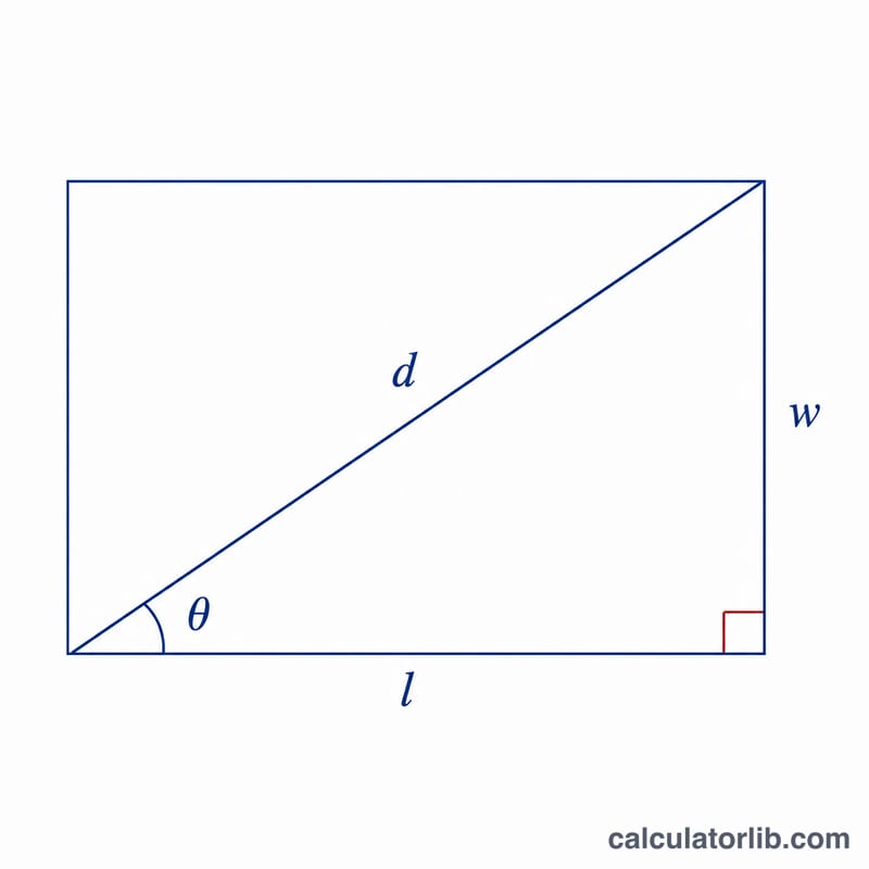 Rectangle with length, width, and diagonal labeled, showing the diagonal angle