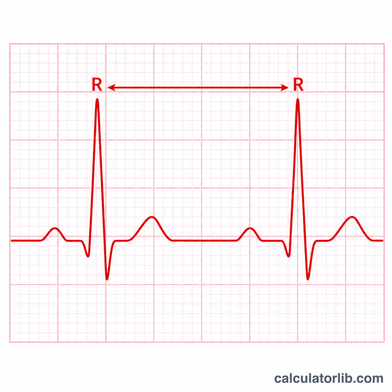 Tira de ECG que muestra el intervalo R-R medido en cuadros grandes y pequeños de la cuadrícula