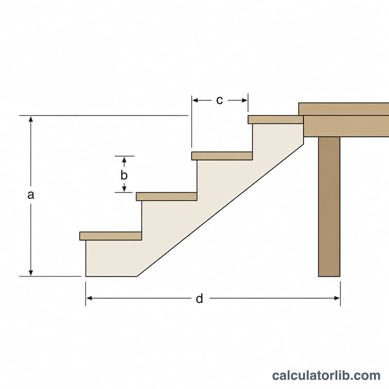 Side view diagram of deck stairs showing total rise, total run, riser height, tread run, and stringer length