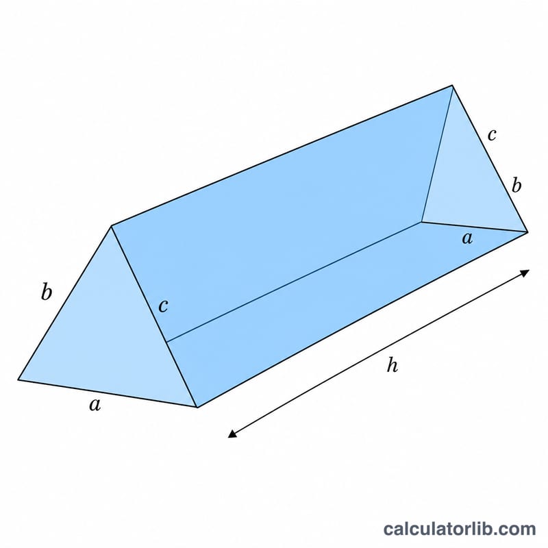 Triangular prism with triangle sides a, b, c and prism height h labeled