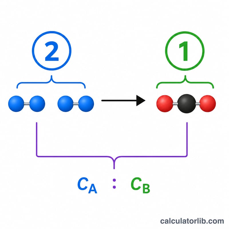 Balanced chemical equation with coefficients highlighted to show a mole ratio between two substances