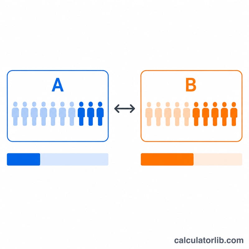 Two variants A and B each showing visitors and conversions leading to conversion rates compared