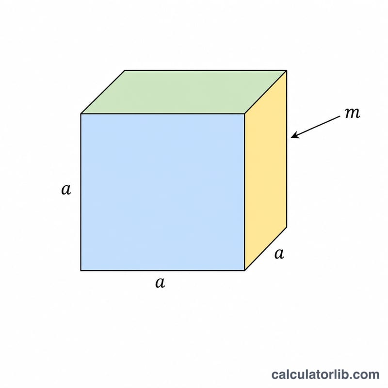 Cube with side length a labeled and mass m, showing density formula relationship