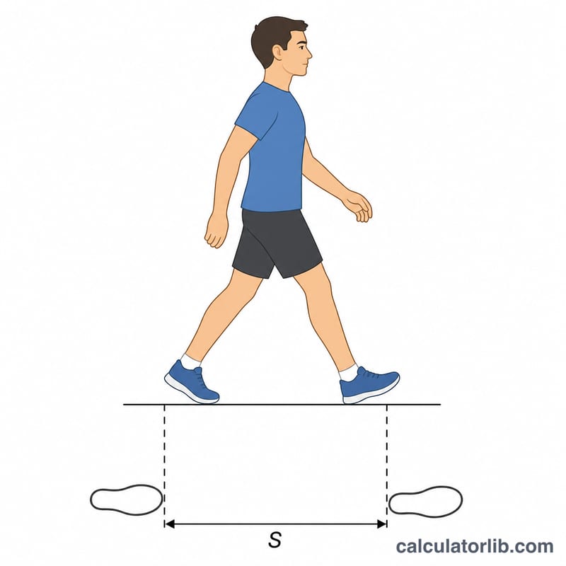 Side view of a walking person showing stride length between footprints