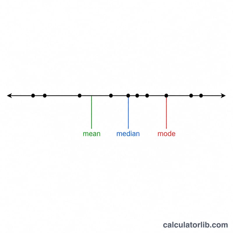 Diagram comparing mean, median and mode on the same small data set shown as dots on a number line