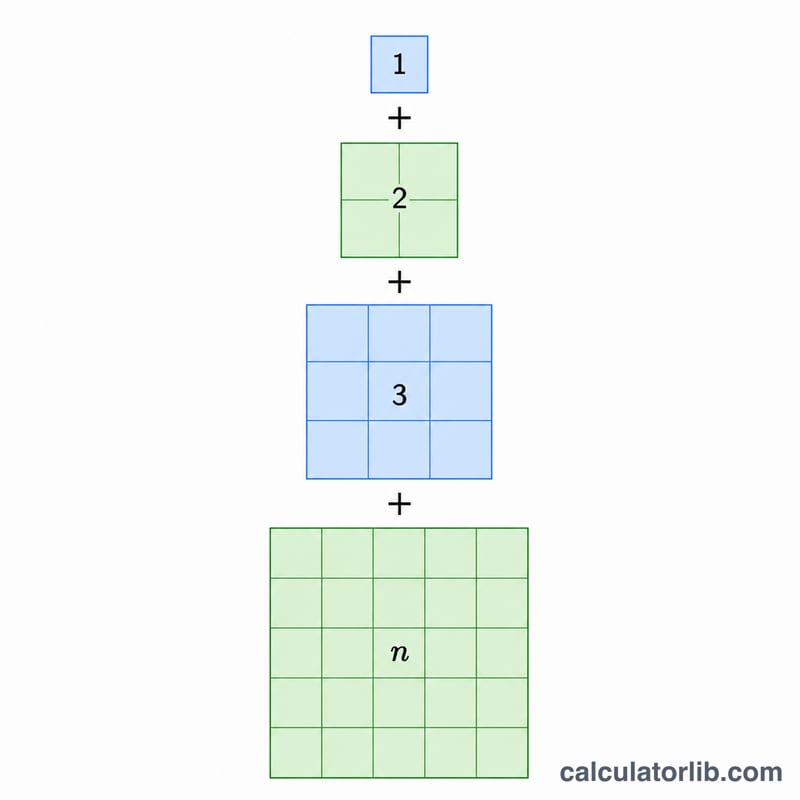 Stack of increasingly large grid squares representing 1 squared plus 2 squared up to n squared