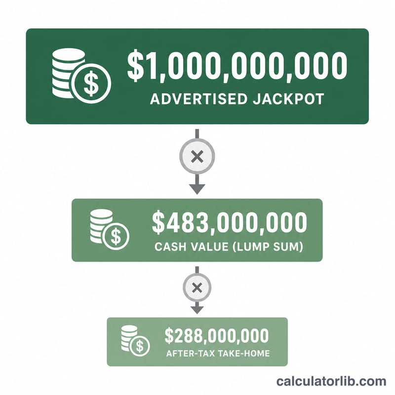 Three decreasing bars showing jackpot reduced to lump sum then to after-tax amount