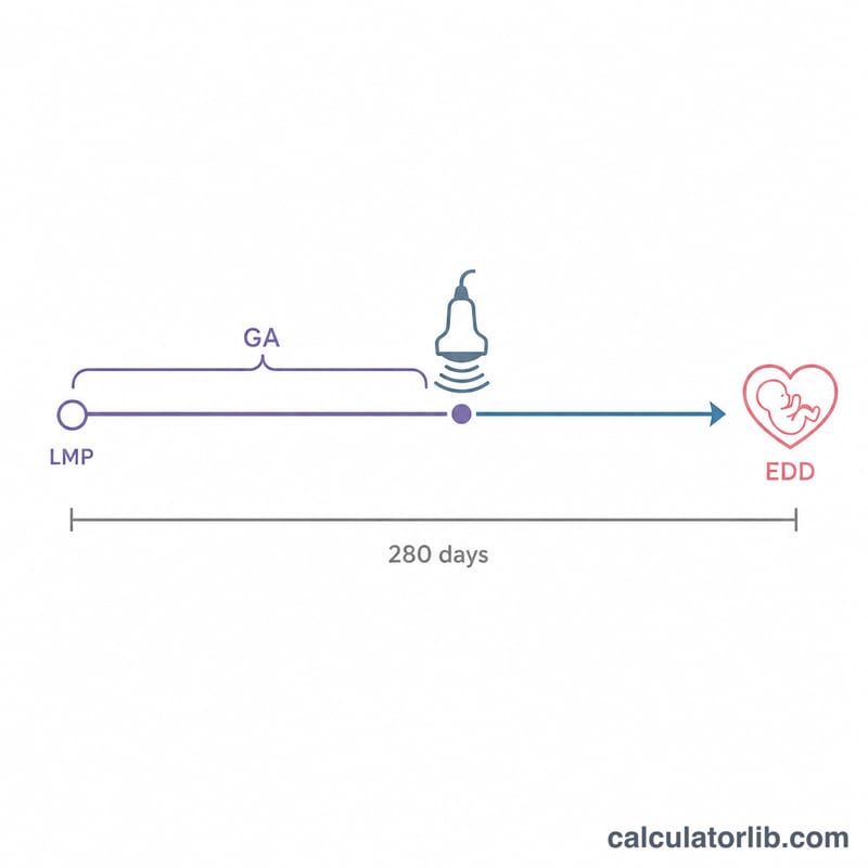 Timeline showing scan date, measured gestational age, and remaining days to estimated due date