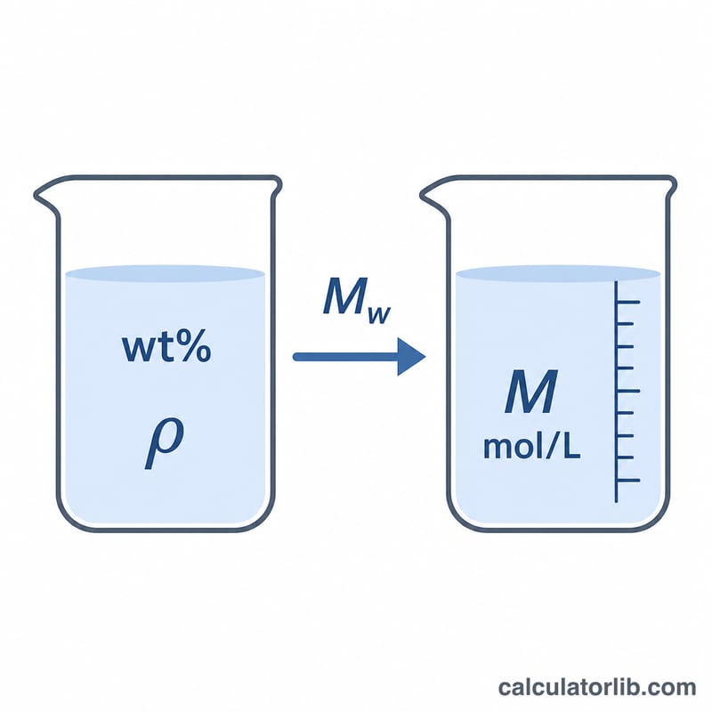 Diagram converting weight percent and density into molarity using molar mass