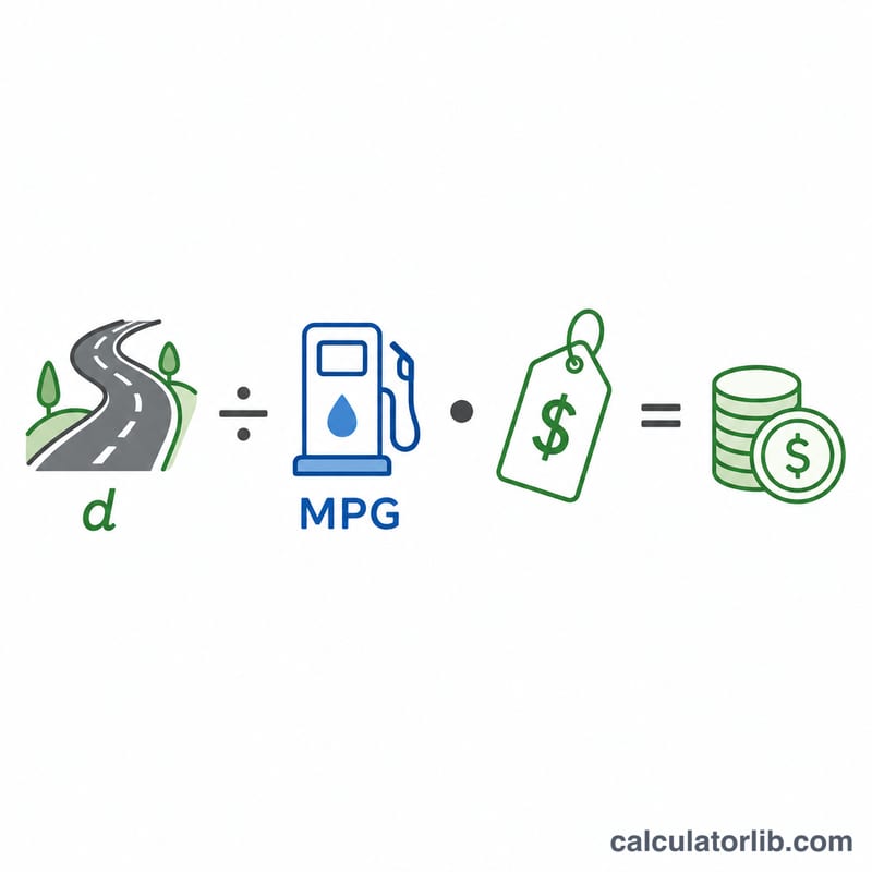 Flat diagram showing distance divided by MPG times price per gallon equals trip cost