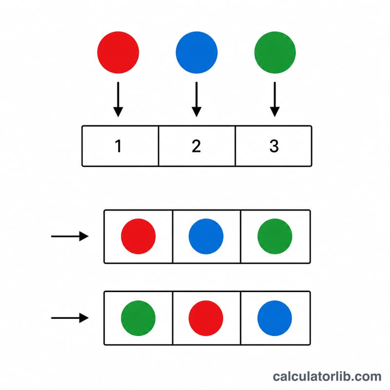 Three distinct colored balls being placed into three ordered positions, showing different arrangements