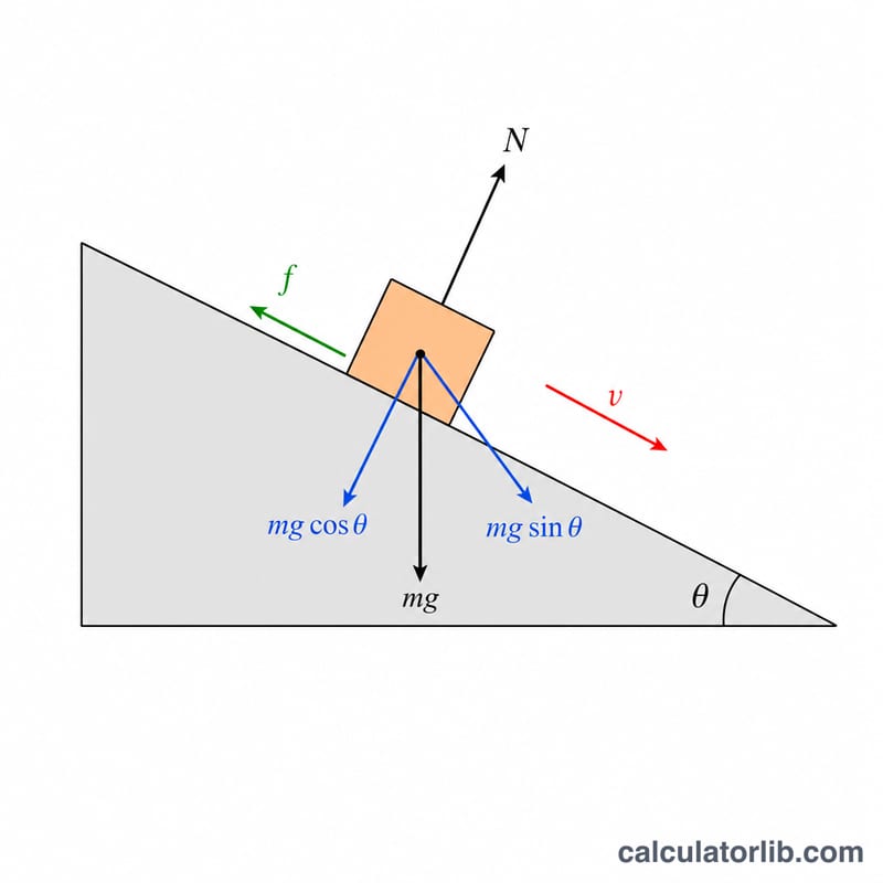 Free body diagram of a block on an inclined plane with forces and incline angle labeled