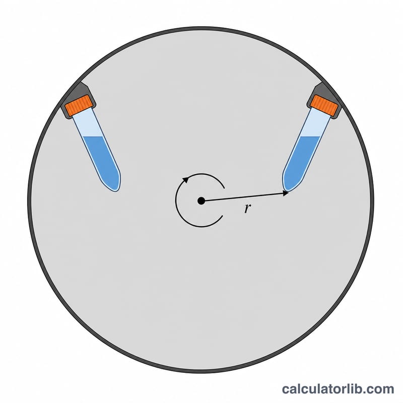 Diagram of a centrifuge rotor showing radius from center axis to sample tube bottom